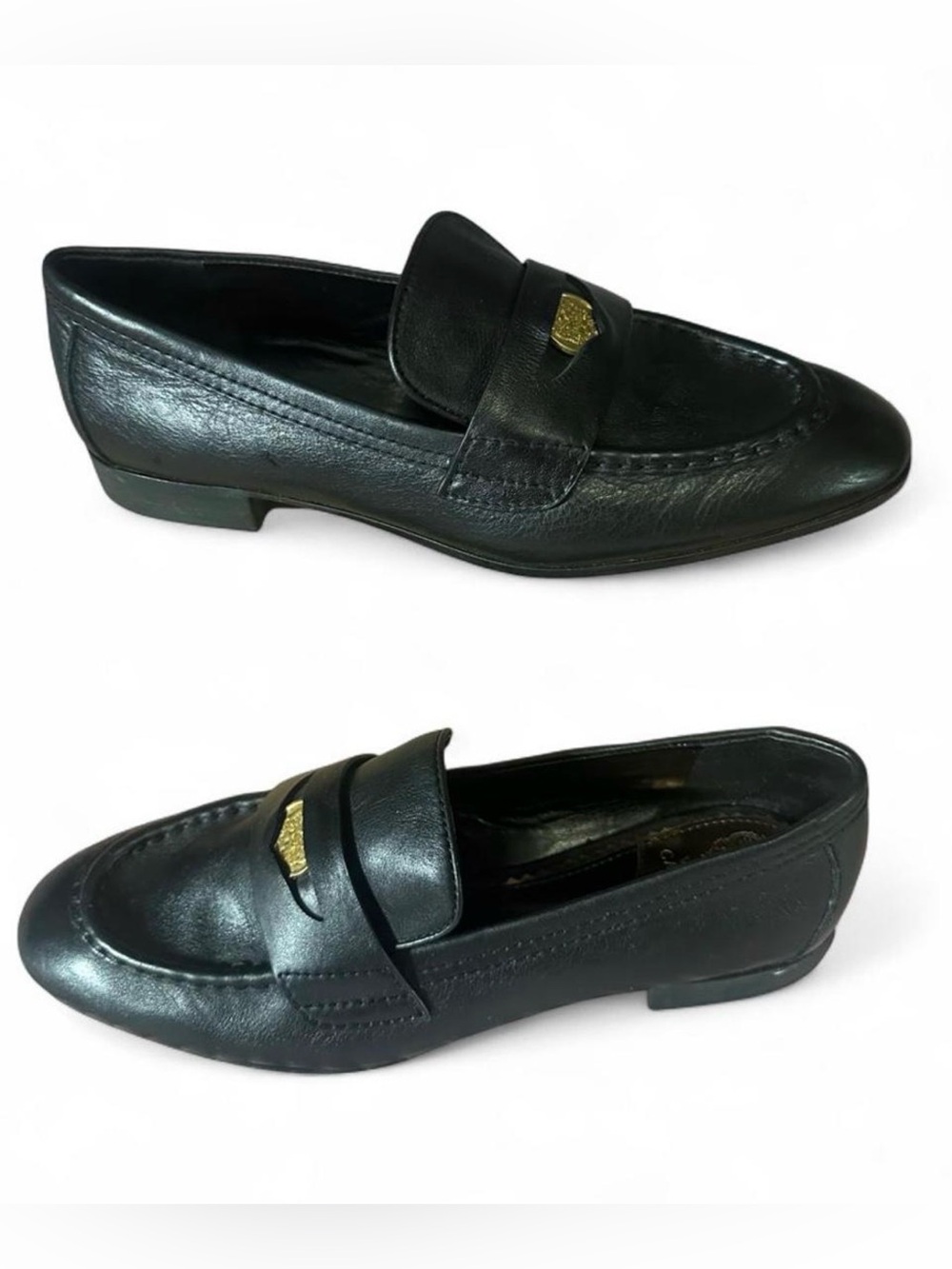 Paran Black Leather Slip-On Penny Loafers with Gold Accent